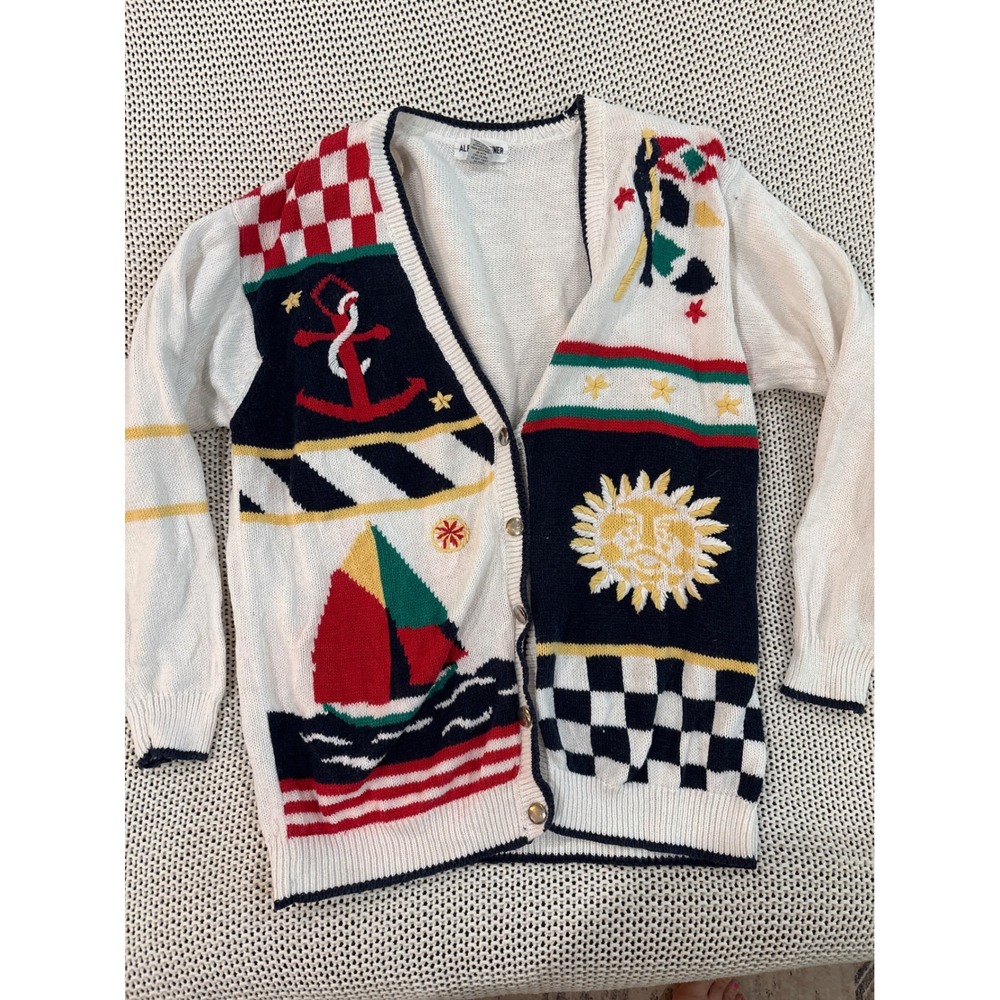 Alfred Dunner Vintage Nautical Sun Sailboat Cardigan Sweater White Plus 1X